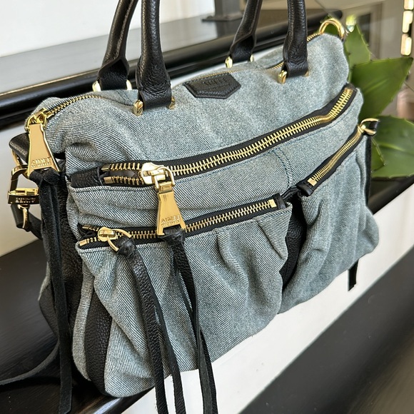 New Aimee Kestenberg genuine, leather denim satchel shoulder handbag purse gift - Picture 2 of 12